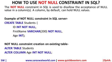 For <strong>example</strong>, a column in a dependent table can have a referential <strong>constraint</strong> with a delete rule of SET <strong>NULL</strong>. . Not null constraint example